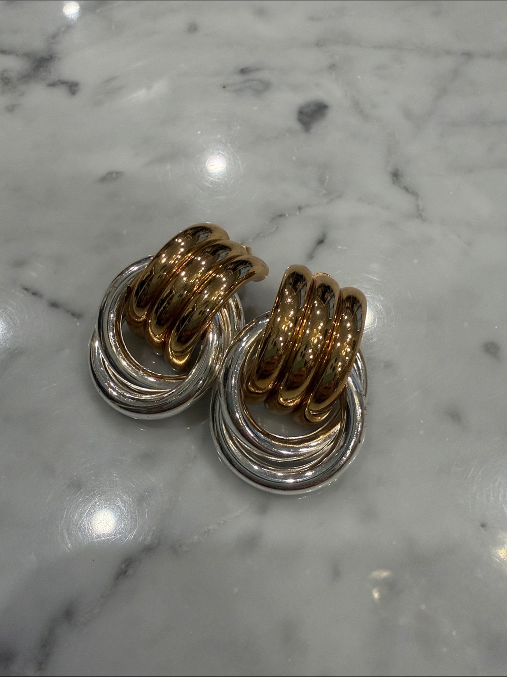 Two-Tone Gold and Silver Interlocking Hoop Drop Earrings